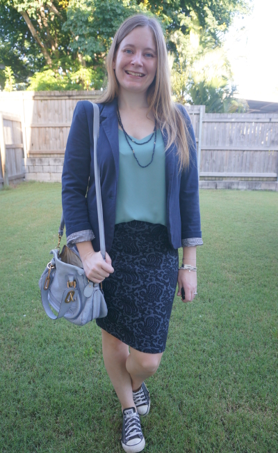 navy blazer with mint cami jacquard pencil skirt and converse chloe paraty office outfit | awayfromtheblue