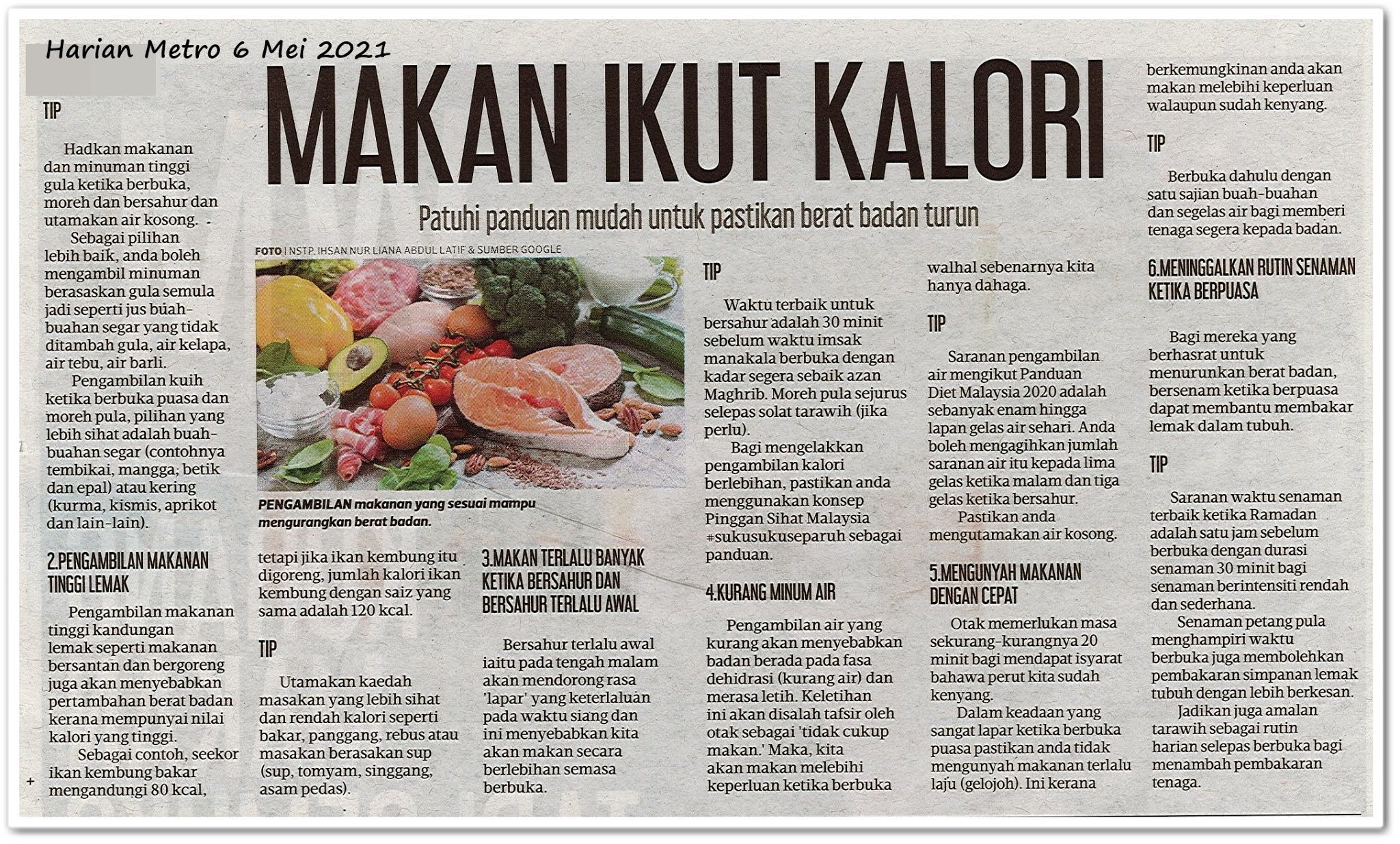 Makan ikut kalori - Keratan akhbar Harian Metro 6 Mei 2021