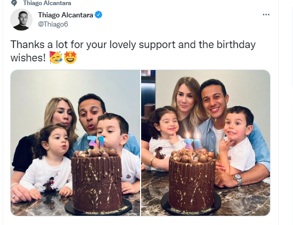 Thiago Alcantara, star of Liverpool club, was keen to celebrate his 31st birthday in the midst of his family, as he was born on April 11, 1991.  Thiago Alcantara published a set of photos on his Twitter account, in which he appears with his family celebrating his birthday, and commented: "Thank you very much for your beautiful support and beautiful Christmas wishes."