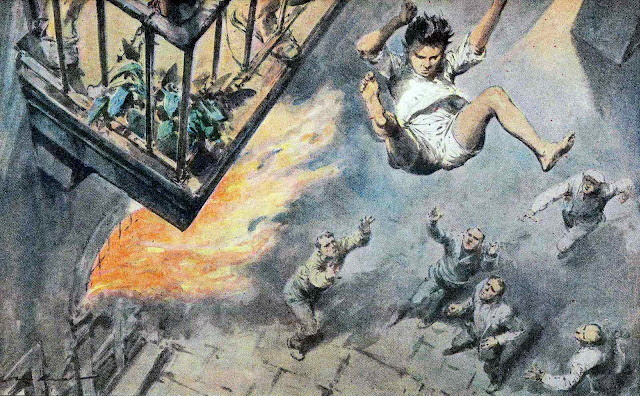 a Walter Molino illustration of a boy falling from a burning building to men below