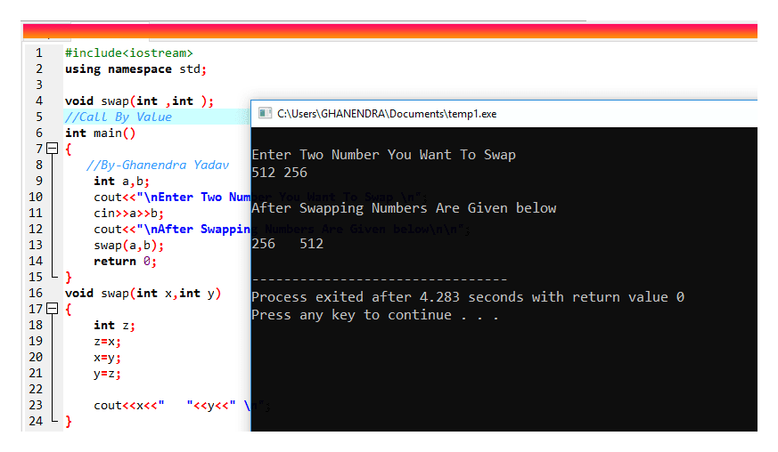 Program Output of  Swapping of Two Numbers Using Call by Value