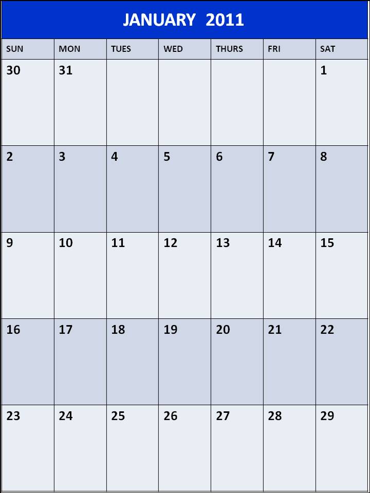 January 2011 Calendar Blank Printable Template