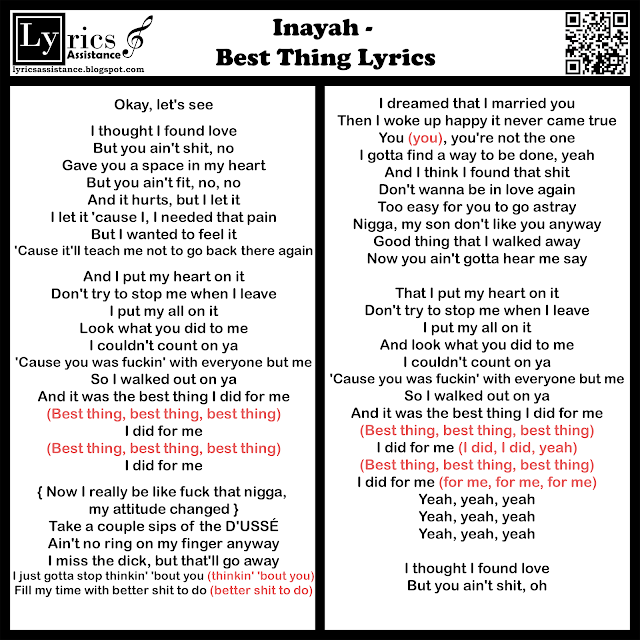 Inayah - Best Thing Lyrics | lyricsassistance.blogspot.com