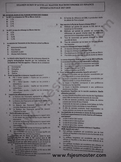 Exemple de Concours Master Macroéconomie et finance internationale 2017-2018 - Fsjes Ain Sebaa