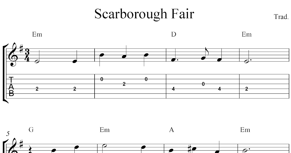 Free easy guitar tabs sheet music notes, Scarborough Fair