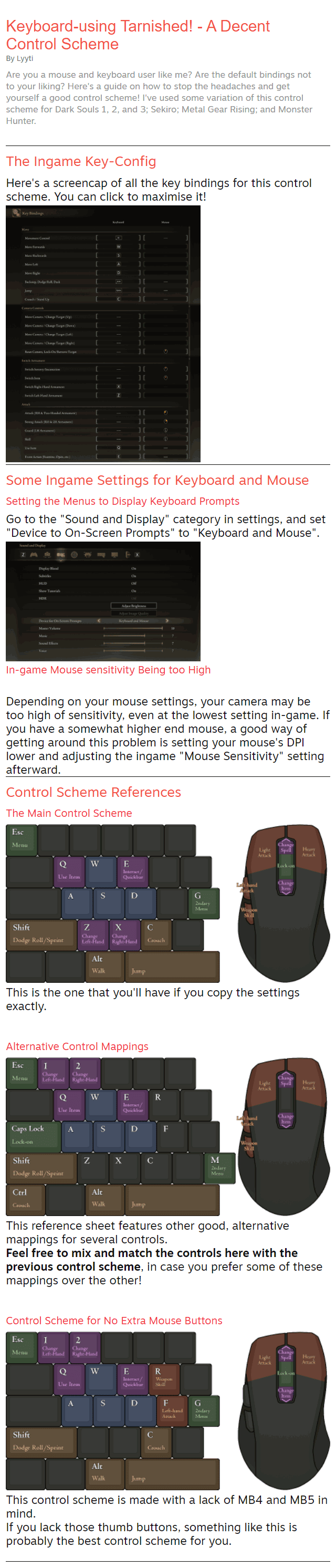 Are you a mouse and keyboard user like me? Are the default bindings not to your liking? Here's a guide on how to stop the headaches and get yourself a good control scheme! I've used some variation of this control scheme for Dark Souls 1, 2, and 3; Sekiro; Metal Gear Rising; and Monster Hunter. The Ingame Key-Config Here's a screencap of all the key bindings for this control scheme. You can click to maximise it!  Some Ingame Settings for Keyboard and Mouse Setting the Menus to Display Keyboard Prompts Go to the "Sound and Display" category in settings, and set "Device to On-Screen Prompts" to "Keyboard and Mouse".   In-game Mouse sensitivity Being too High  Depending on your mouse settings, your camera may be too high of sensitivity, even at the lowest setting in-game. If you have a somewhat higher end mouse, a good way of getting around this problem is setting your mouse's DPI lower and adjusting the ingame "Mouse Sensitivity" setting afterward. Control Scheme References The Main Control Scheme  This is the one that you'll have if you copy the settings exactly.   Alternative Control Mappings  This reference sheet features other good, alternative mappings for several controls. Feel free to mix and match the controls here with the previous control scheme, in case you prefer some of these mappings over the other!   Control Scheme for No Extra Mouse Buttons  This control scheme is made with a lack of MB4 and MB5 in mind. If you lack those thumb buttons, something like this is probably the best control scheme for you.