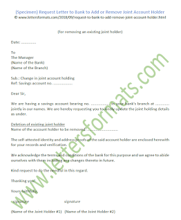 letter to bank manager for change of joint account holder
