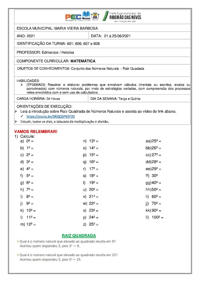 Atividades de Matemática. Prof: Edmarcos. De 21 à 25 de junho 2021.