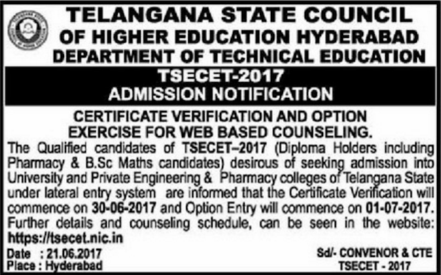 Telangana ECET 2017 Counselling Notification