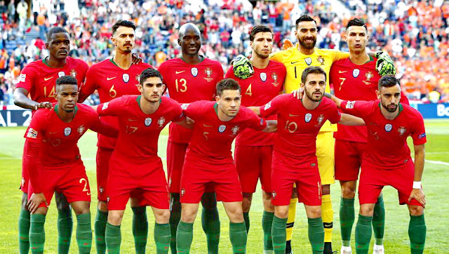 SELECCIÓN DE PORTUGAL. Temporada 2018-19. William Carvalho, Fonte, Danilo, Rúben Dias, Rui Patricio y Cristiano Ronaldo; Nélson Semedo, Gonçalo Guedes, Guerreiro, Bernardo Silva y Bruno Fernandes. SELECCIÓN DE PORTUGAL 1 (Gonçalo Guedes) SELECCIÓN DE HOLANDA 0. 10/06/2019. Liga de Naciones de l UEFA, 1ª edición, final. Oporto, Portugal, estadio Do Dragão.