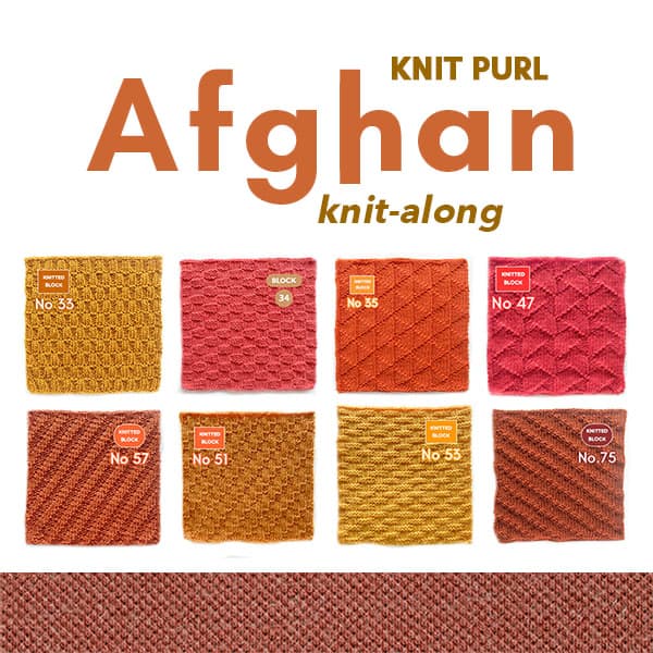 The block patterns use only combinations of knit and purl stitches, making them accessible to knitters of all skill levels. Each block is worked in 44 stitches and 60 rows, which means that all blocks will finish to the same size when worked in the same yarn weight.