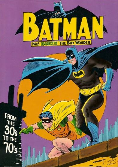 Cover to 'Batman from the Thirties to the Seventies' with Batman and Robin poised for action on rooftop against cityscape, orange full moon, and purple night sky