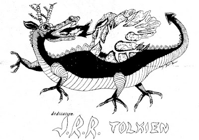 A black and white drawing of a dragon breathing over its back. The scales in the center of its back are floating up to form a half circle. Underneath is the inscription "Dedicated to Tolkien"