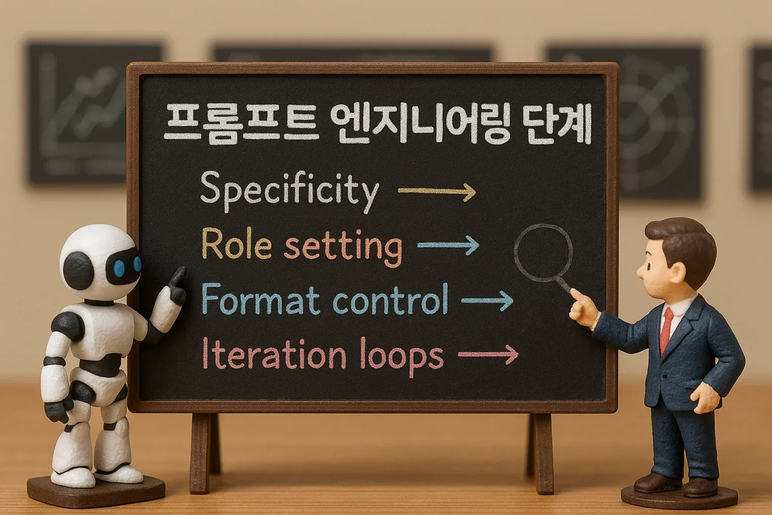 프롬프트 엔지니어링의 핵심 단계를 요약한 디오라마 스타일 보드 이미지