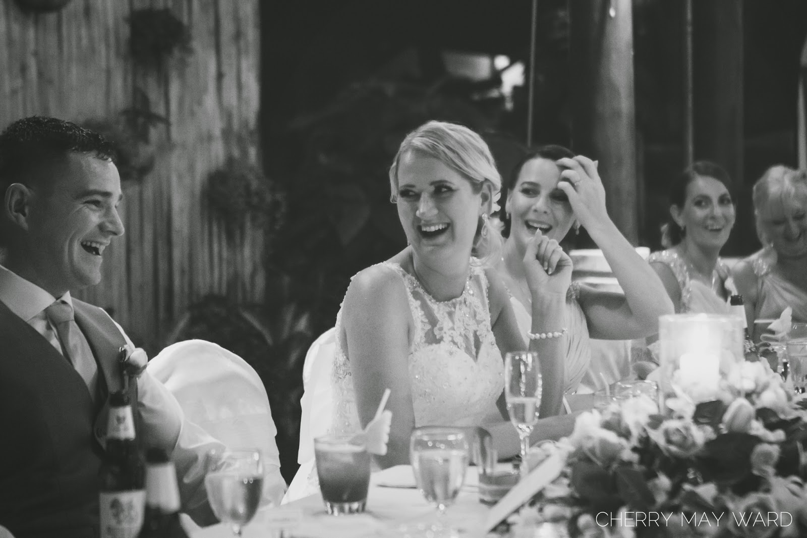 hilarious moment, bride and groom laughing, wedding guests laughing, hilarious speeches during dinner, 