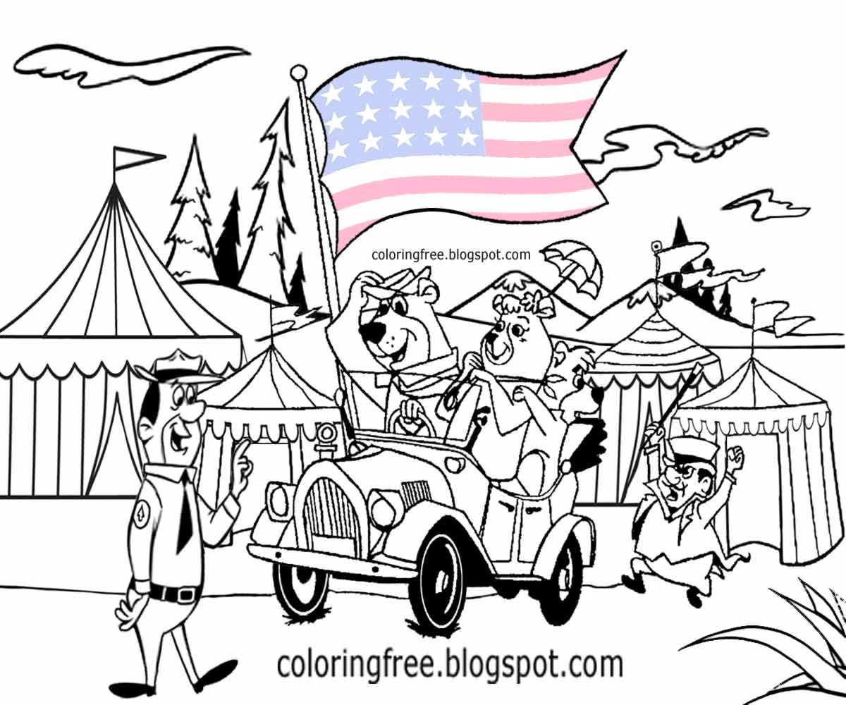 Characters Boo Boo and Yogi Bear coloring pages US campground big top tents kids cartoon circus