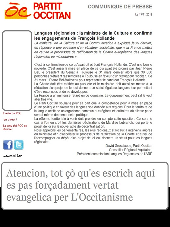 comunicat del Partit Occitan Lenga de França