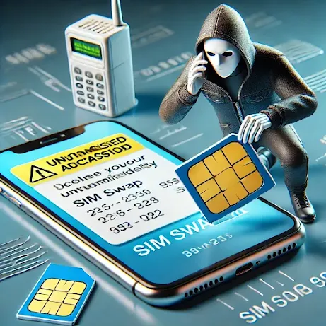 A 3D digital illustration showing a SIM swap fraud. A cybercriminal is seen stealing a victim’s mobile identity by cloning a SIM card. The image includes a smartphone displaying a warning message about unauthorized access, with the hacker in the background holding a duplicate SIM card.