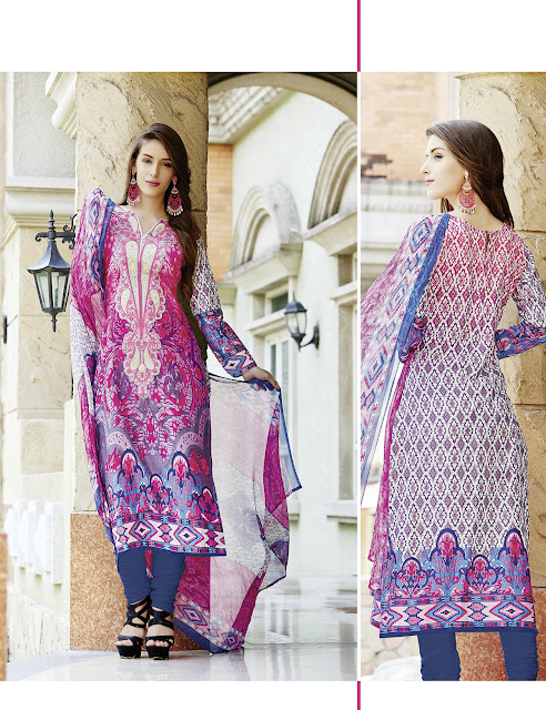 Pink Color Pure Cotton fabric Suit comes with Blue color Poly Cotton Fabric Bottom & Pink & Blue color Pure Bamberg Fabric Dupatta. This amazing suit is covered with Pink color kerry style embroidery patch work at neck line and Pink color Floral print on all over the top with Blue color border work at lower part. The suit which can be stitched up to size 44.