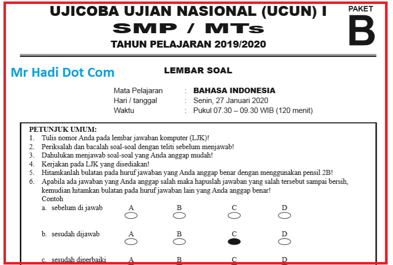 Soal UCUN I Bahasa Indonesia SMP Tahun 2020