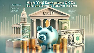 A financial-themed image featuring a piggy bank, stacks of coins, a bank building, and a certificate symbolizing a Certificate of Deposit (CD). The background has blue and green tones, representing security and stability in passive income investments.