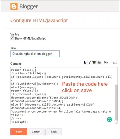 Javascript code to disable right click in blogger blog