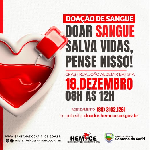 SANTANA DO CARIRI - CAMPANHA DE DOAÇÃO DE SANGUE ACONTECE DIA 18
