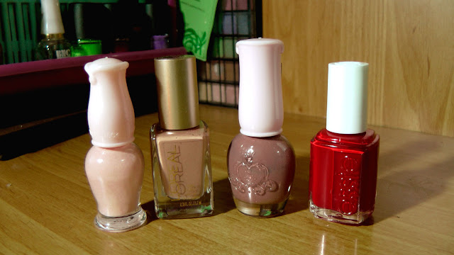  Etude House Nail Polish in PK014, Etude House DBR402 Crown Brown Polish,  L'OREAL Nail Color Vernis a Ongles in 203 Till the Sun Comes Up and Essie Nail Polish in Red Nouveau