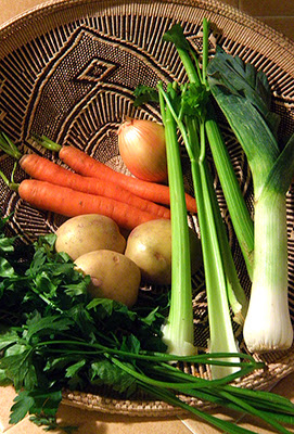 Basket of Carrots, Onion, Potatoes, Celery, Leeks, Parsley