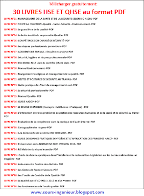 Obtenez gratuitement une collection de 30 livres au format PDF sur les thèmes de la HSE et du QHSE. Enrichissez vos connaissances pour une meilleure gestion de la sécurité.