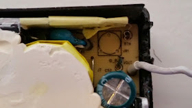 A close-up view of where the PC supply wires should connect to the circuit board.