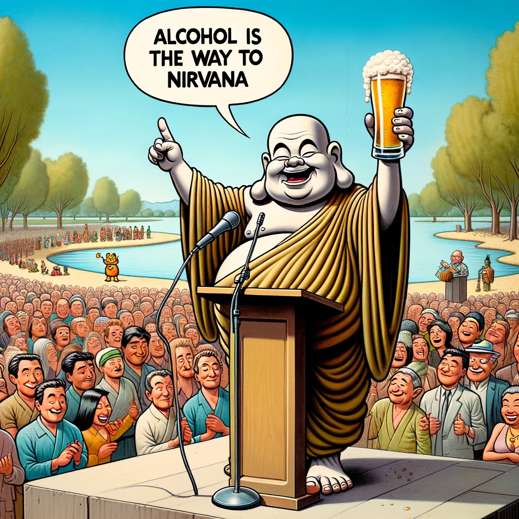 Buddha steht auf Podium Weisheit Alkohol ist der Weg nach Nirvana Wissenswertes mit Witz und Humor Alltagsgott, Komische Begebenheiten des Lebens, Spaß-Religion, Tipps