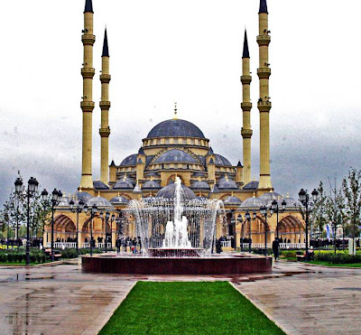 The Akhmad Kadyrov Mosque (Russian — Mechet Akhmata Kadyrova) is located in Grozny, the capital of Chechnya. It is one of the largest mosques in Russia and is officially known as the "The Heart of Chechnya" , Russian — Serdtse Chechni). The mosque is named after Akhmad Kadyrov who commissioned its construction from the mayor of Konya. The mosque design with a set of 62-metre (203 ft)-tall minarets is based on the Blue Mosque in Istanbul. On October 16, 2008, the mosque was officially opened in a ceremony in which Chechen leader Ramzan Kadyrov spoke and was with Russian Prime Minister Vladimir Putin. In this mosque, ten thousand Muslims can pray at a time and its minarets reach 62 metres (203 ft) high.
