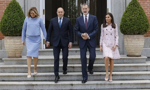 Queen Letizia wore a floral print pink coat by Carolina Herrera. Lodi pink pumps. President Rumen Radev and First Lady Desislava Radeva