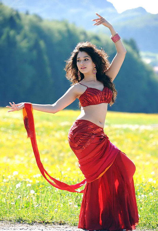 Actress Tamanna Hot Navel Show in Red Dress Photos