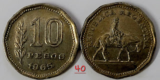 Argentina 10 Pesos Nickel clad steel VF 1965 @ 40