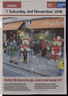 51 Days To Go; Bear Mascot's; Hamley Bear; Hamley's Christmas 2018; Hattie Bear; i Paper; Independent Newpaper; New For 2018; News; News Views Etc; News Views Etc...; Newspaper Clipping; Open Season; Saturday 3rd November 2018; Small Scale World; smallscaleworld.blogspot.com; Toy Sale; Toy Sales; Toys; Toys In The Media;