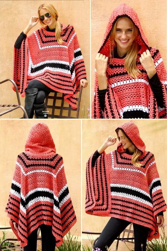 Hooded crochet poncho patterns for women - 4 positions