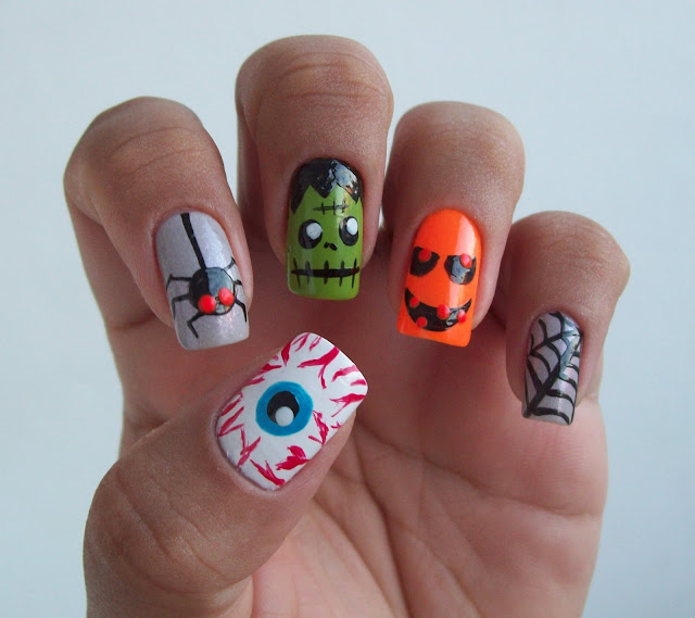 Unhas especial de Halloween: Olho Macabro, Aranha, Frankenstein, Abobora e Teia de Aranha