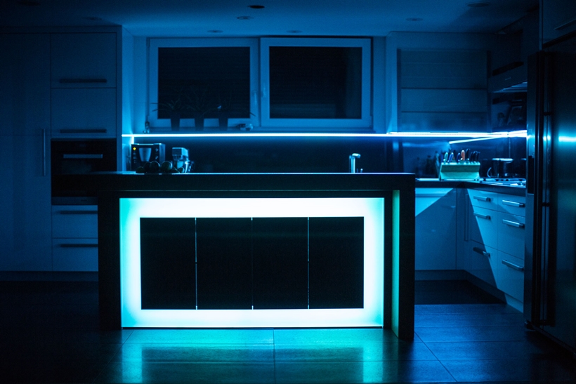 Blue light on kitchen island