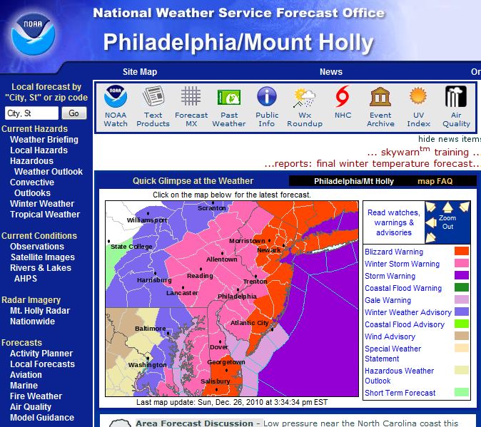 The Mt. Holly / Philadelphia NWS County Warning Area (CWA) Webpage as it 