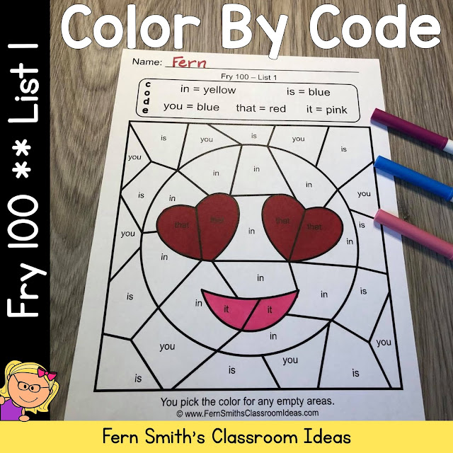 Click Here for the Fry 100 Words List 1 Color By Code Printable Worksheets Resource #FernSmithsClassroomIdeas