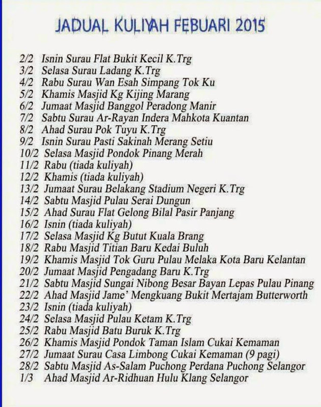 Jadual Kuliah Ustaz Azhar Idrus 2014