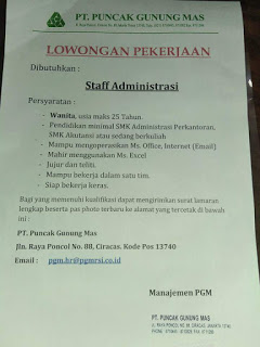 Lowongan kerja staff administrasi PT. PUNCAK GUNUNG MAS