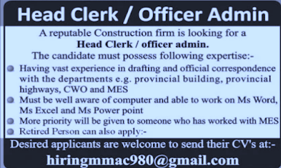  government jobs in pakistan today Head Clerk & Officer Admin Job 2021 in Multan