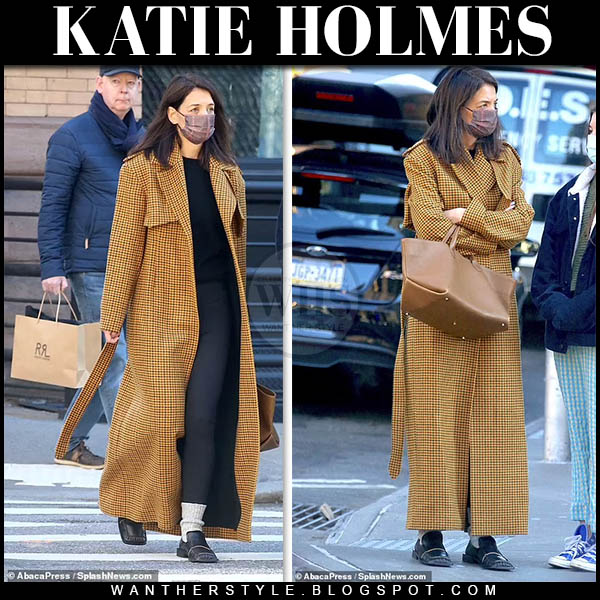 Katie Holmes in long checked coat and black loafers