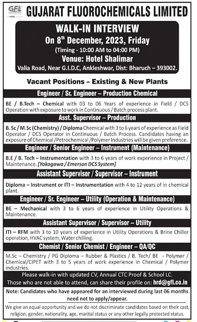 Gujarat Fluorochemicals Walk In Interview For Production/ QA/ QC/ Instrument/ Maintenance/ Utility
