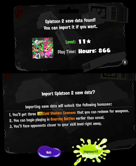 Splatoon 2 Splatoon 3 save data found import bonuses