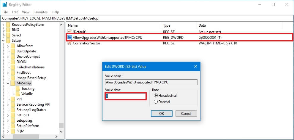 AllowUpgradesWithUnsupportedTPMOrCPU regedit