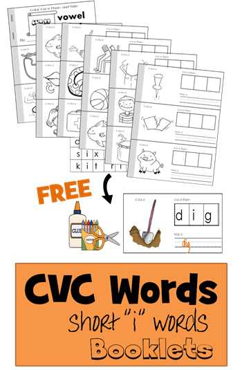 FREE CVC Words short i word booklet helps teaching kindergarten, preschool, first grade these simple words by coloring, cut and paste, writing, and reading. This cvc words activities is a fun word to practice sight words with sight words worksheets.